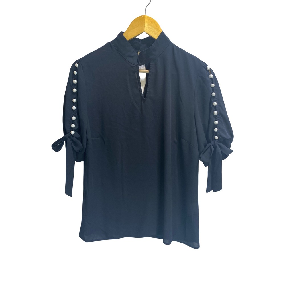 New York & Company Black Mock Neck Keyhole Blouse Pearl Sleeve Tie Cuff Womens M